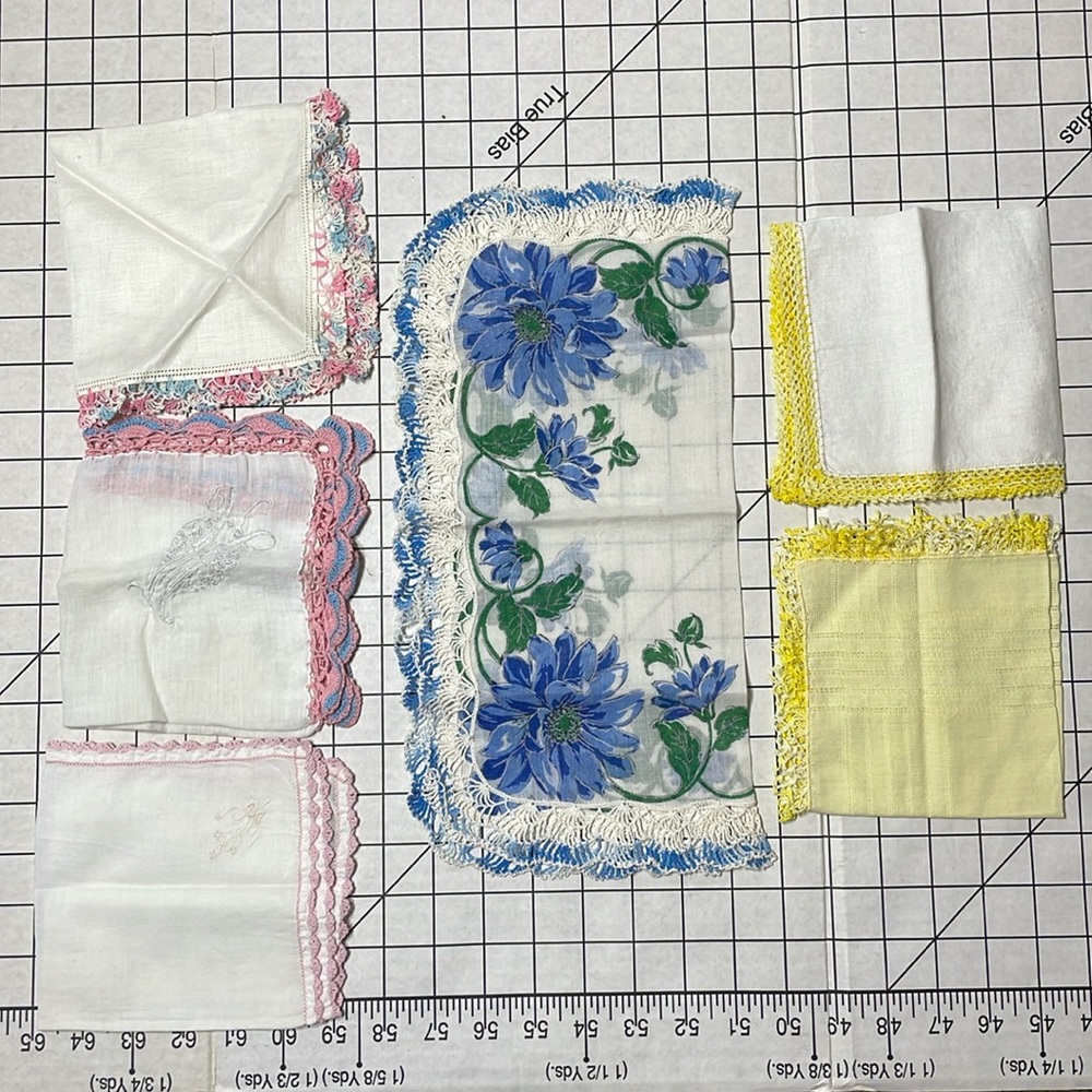 Small lot (6) vintage handkerchiefs, various colors, each with crochet edgings